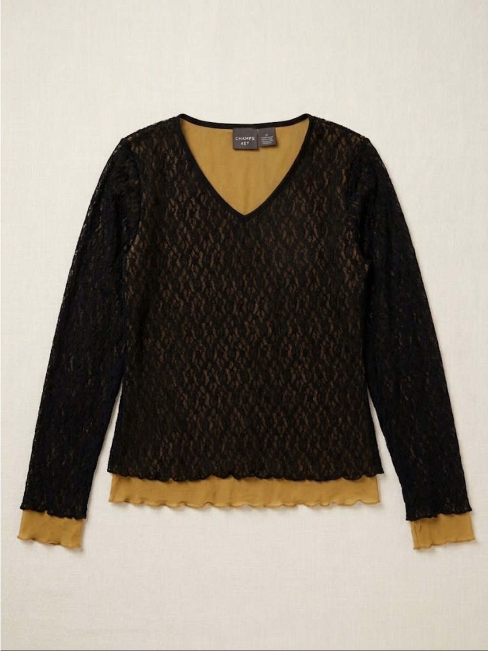 Vintage Copper Key Fairy Black Lace Overlay V-Neck Y2K Grunge Top Size M